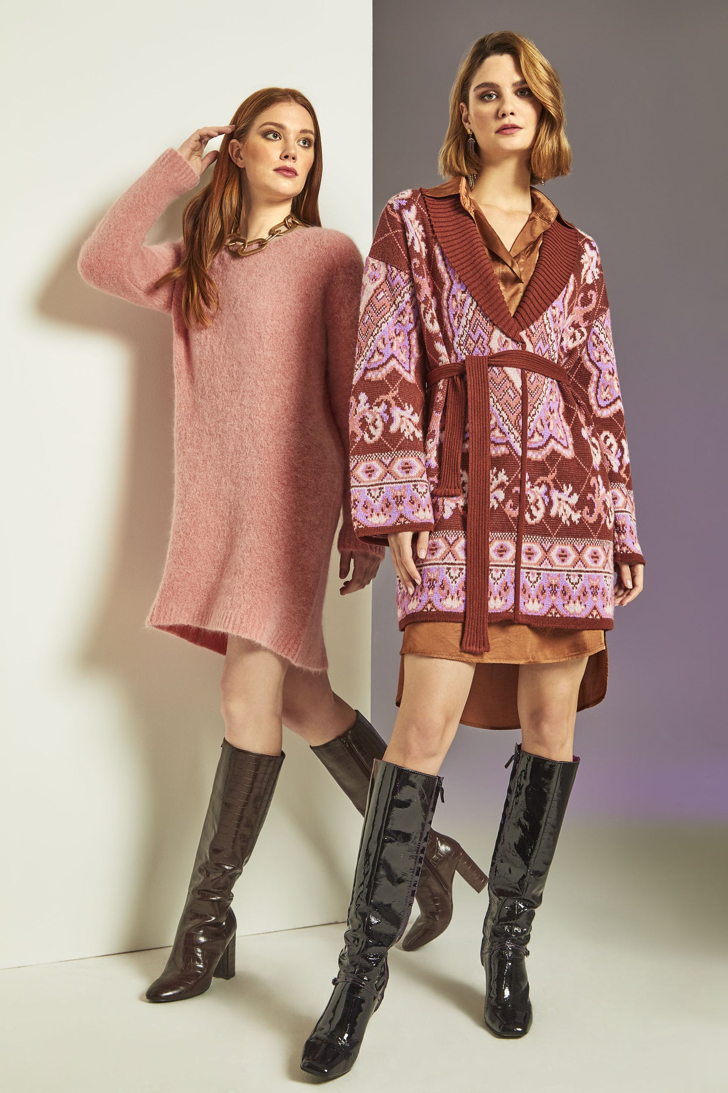 Cappotto jacquard caramello con cintura inclusa