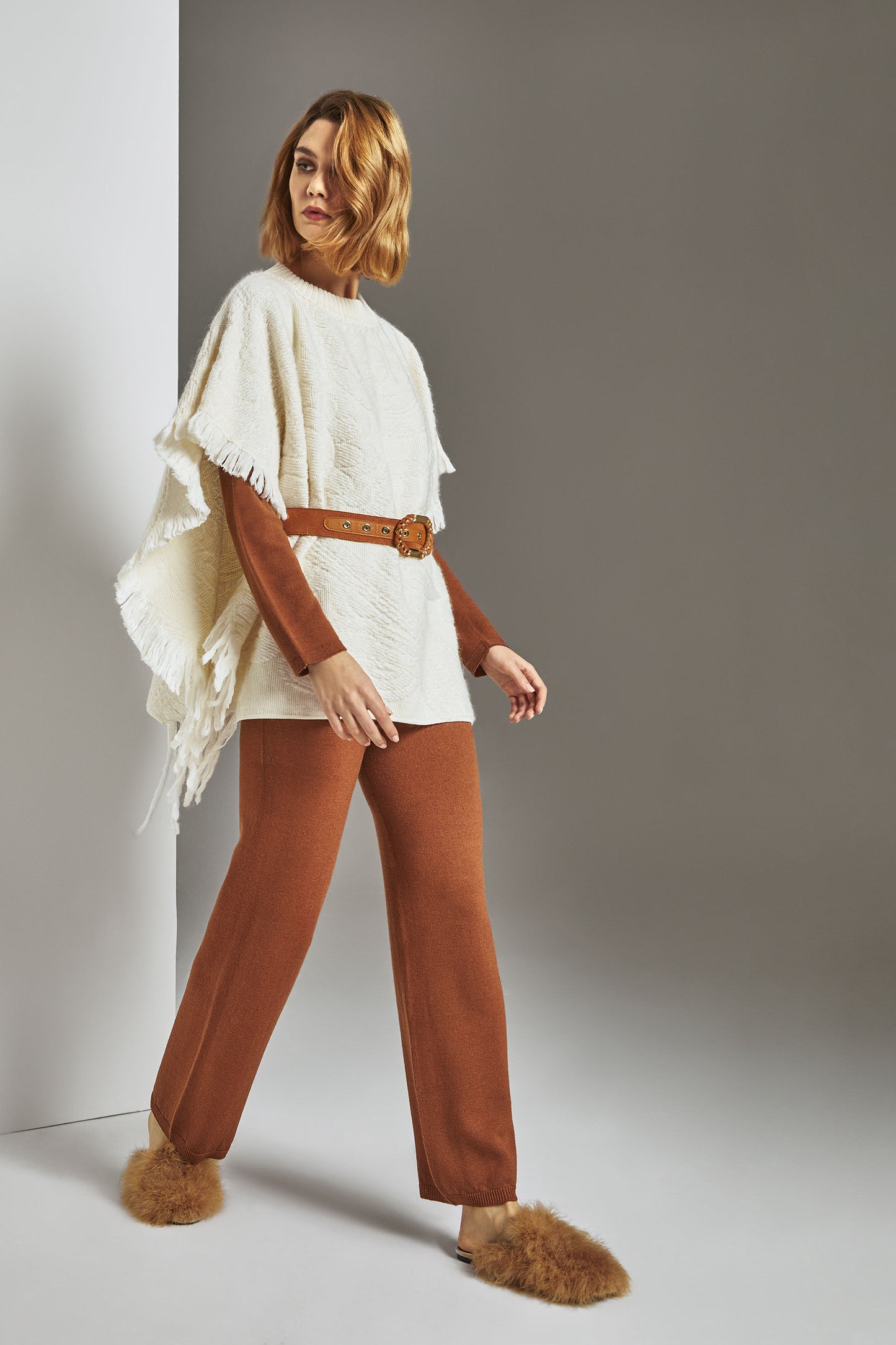 Poncho jacquard frange