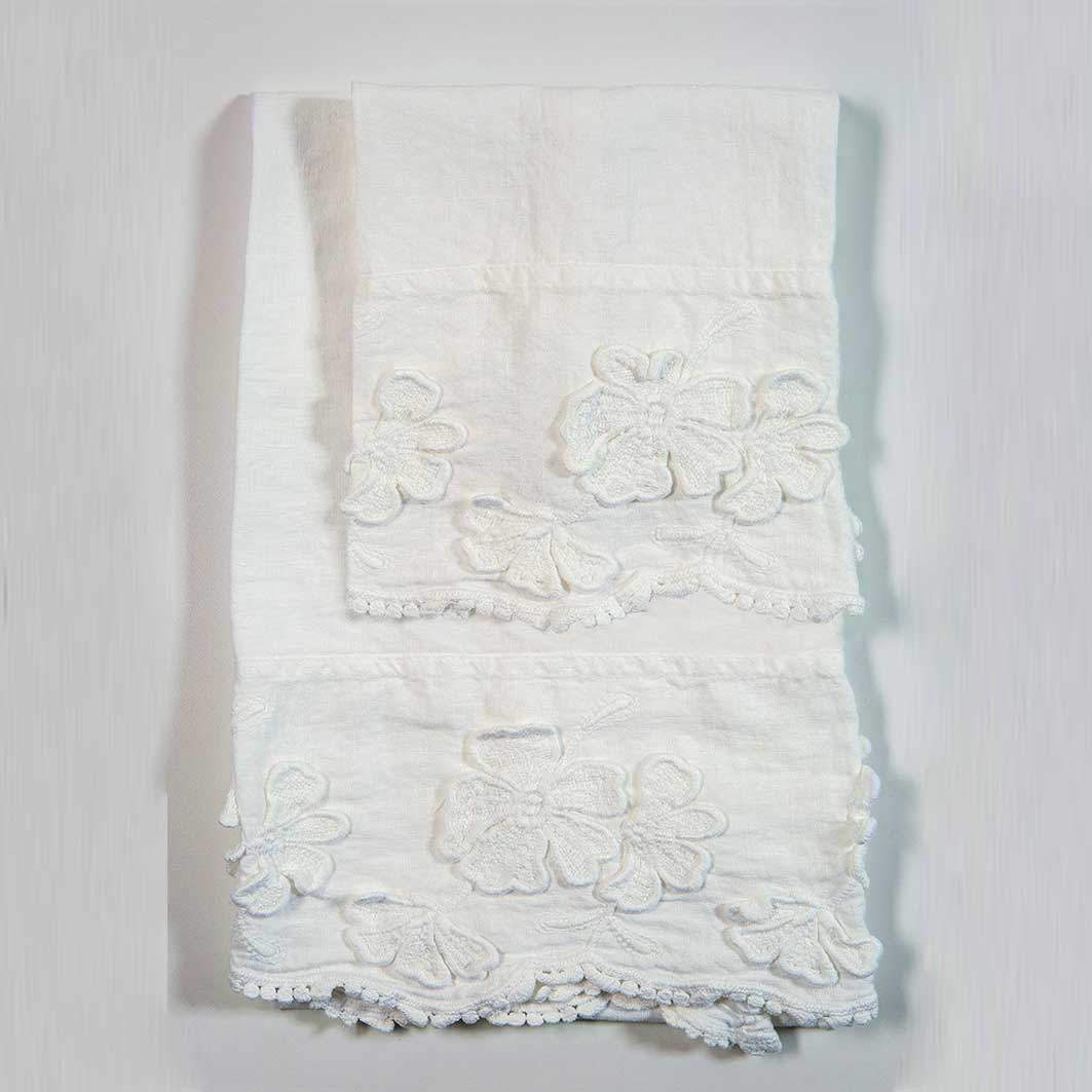 Set asciugamani in lino ricamo Petali