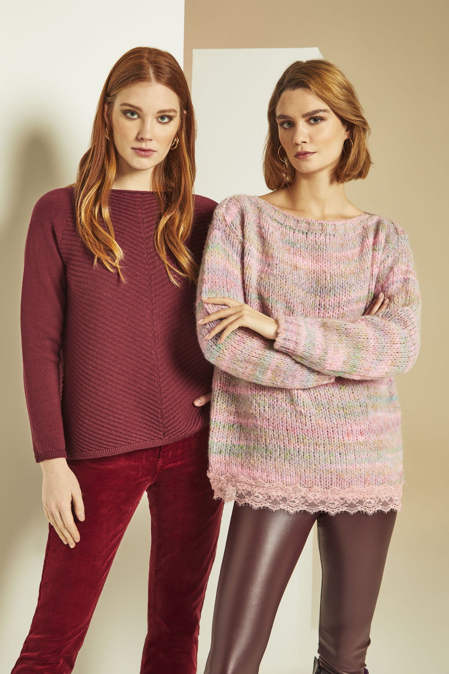 Maglia barchetta rosa melange con pizzo