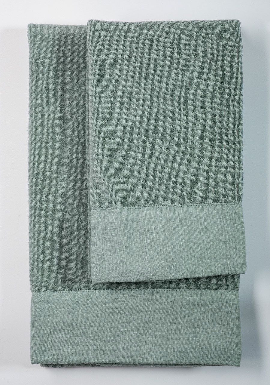 Set asciugamani bagno in spugna bordi in lino