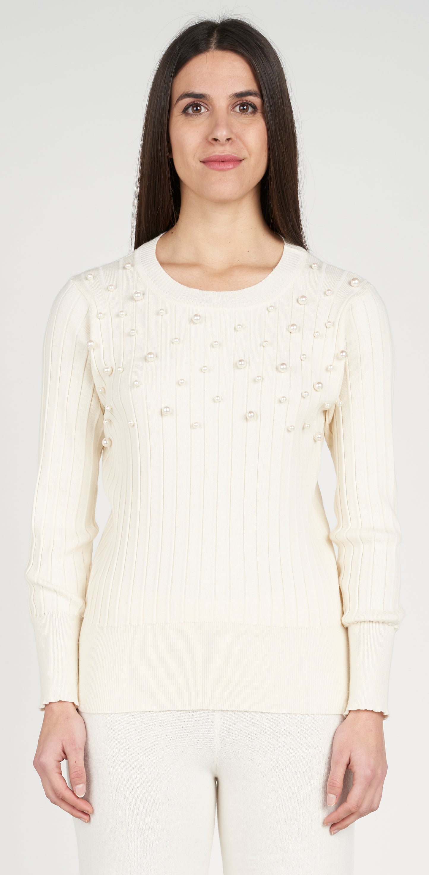 Maglia girocollo coste con perle