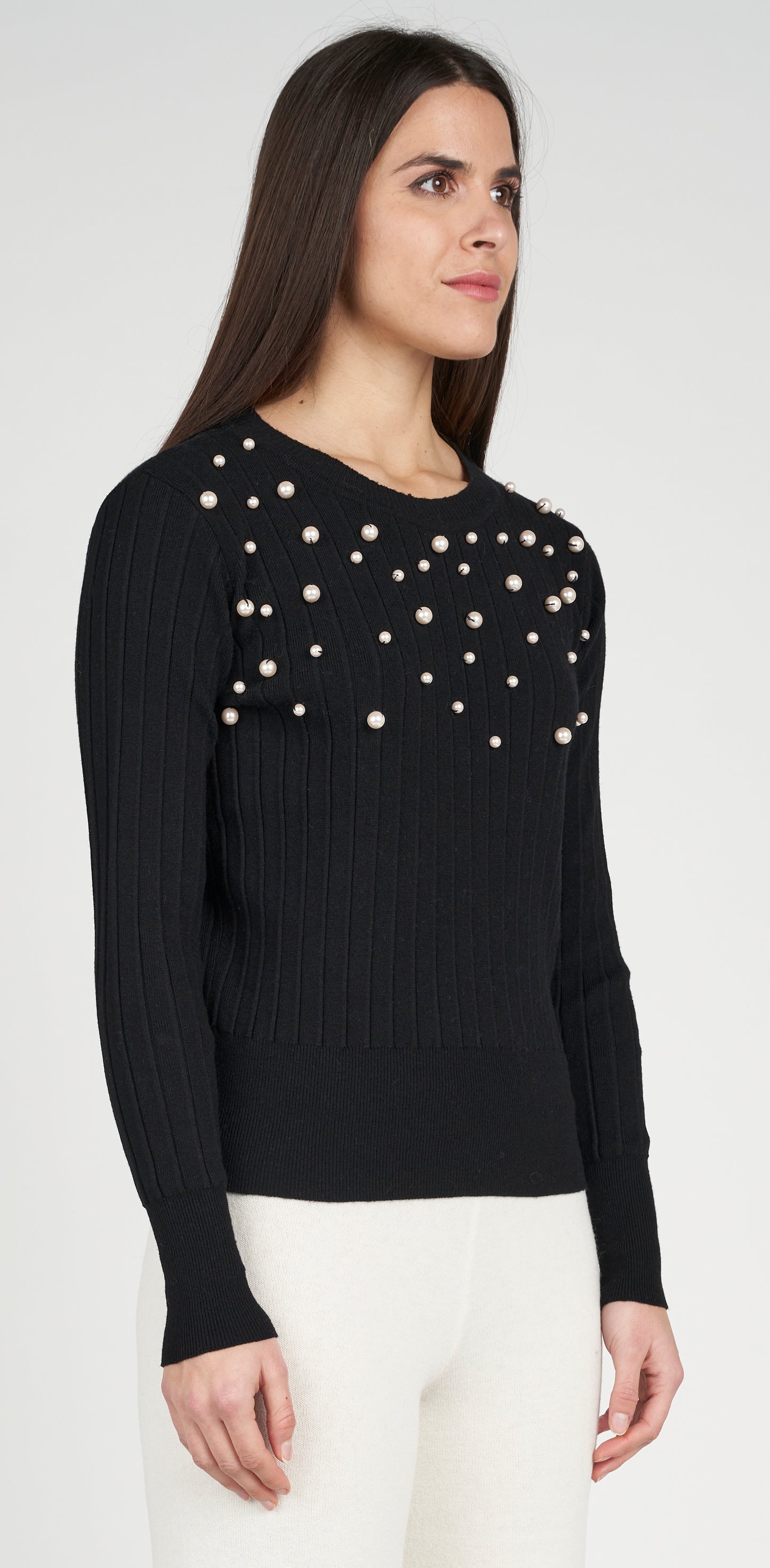 Maglia girocollo coste con perle