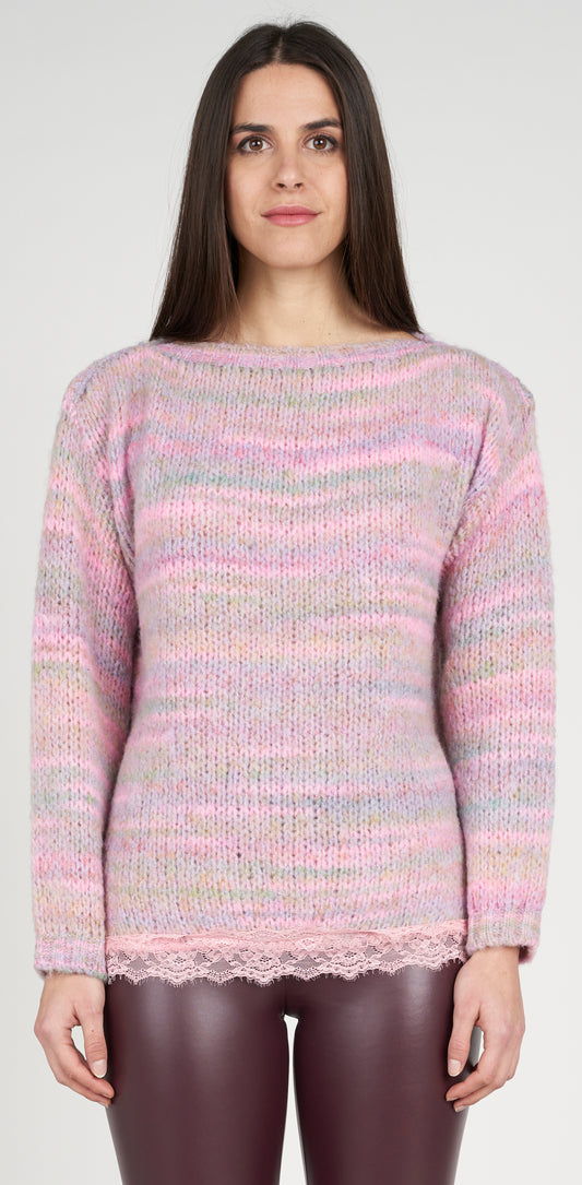 Maglia barchetta rosa melange con pizzo