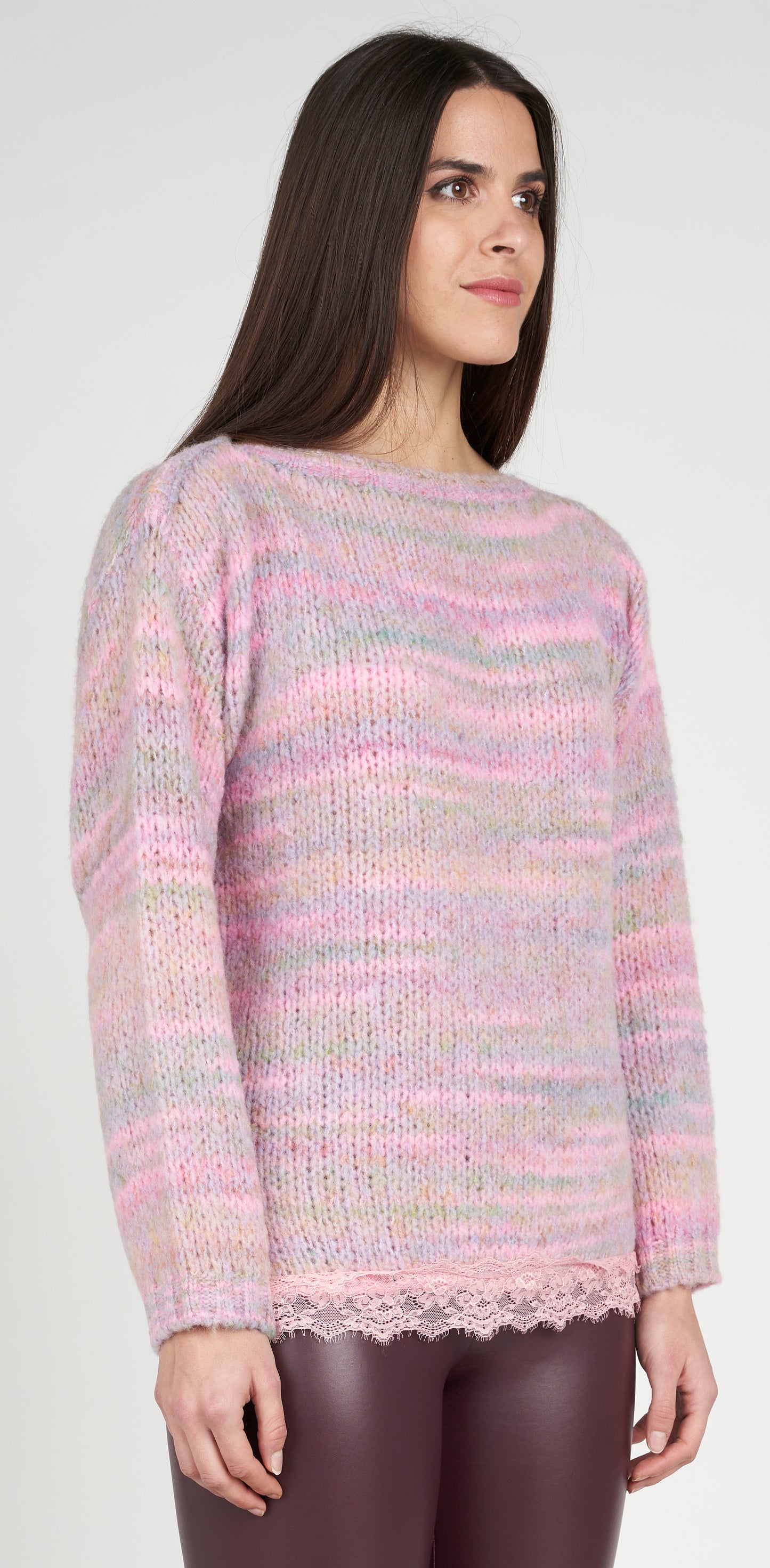 Maglia barchetta rosa melange con pizzo