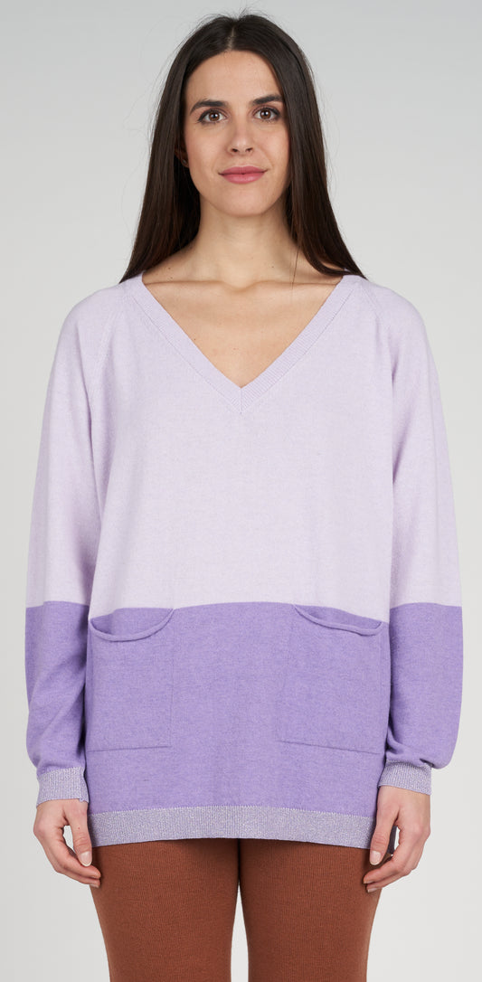 Maglia V bicolor lurex dettaglio 2 tasche