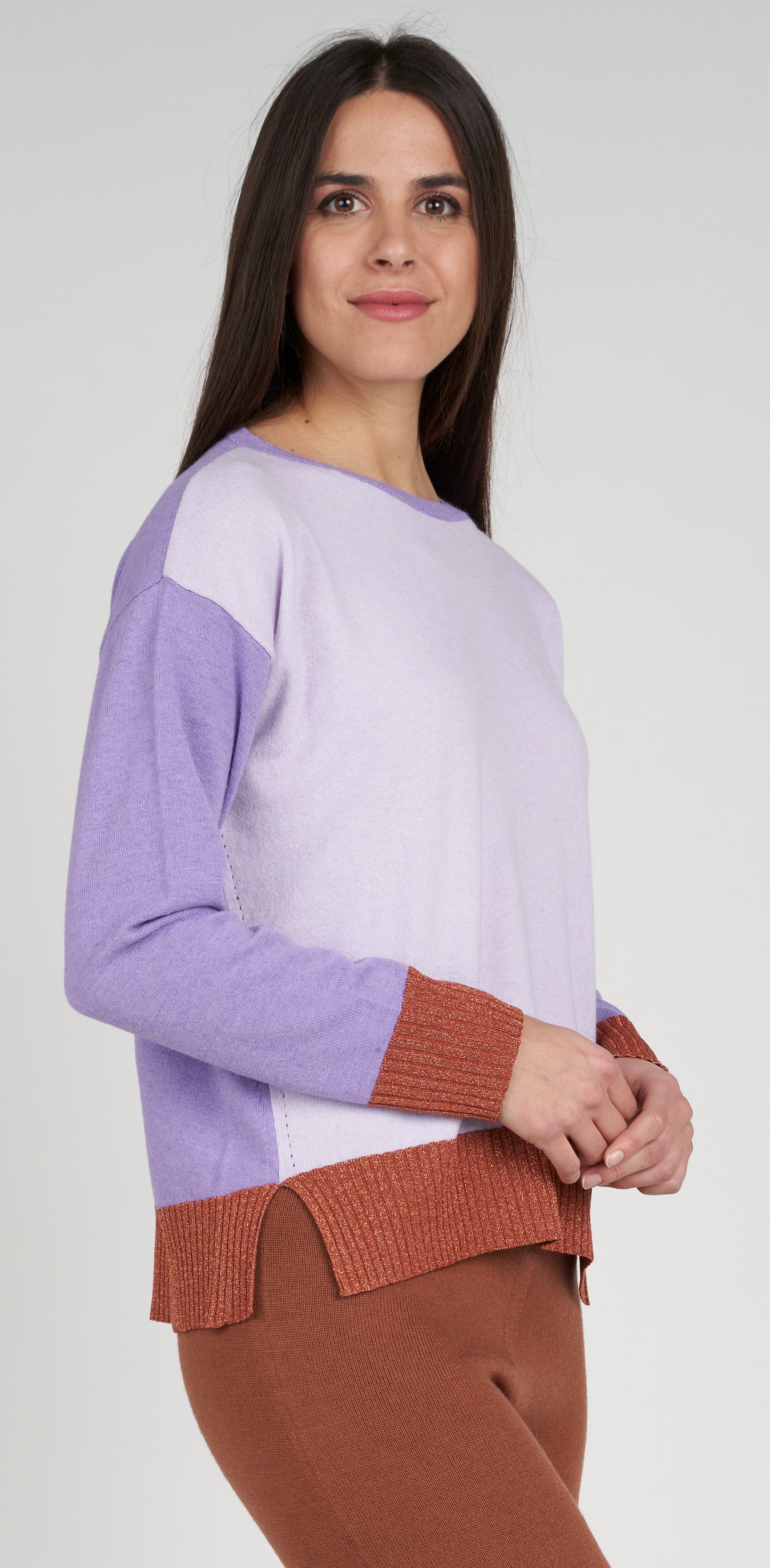 Maglia giro bicolor lurex bordo e polsi