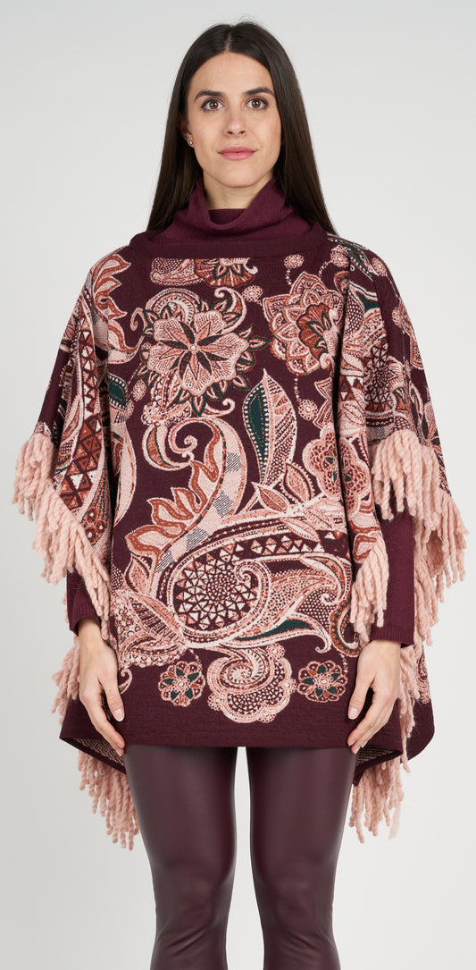 Poncho jacquard prugna con passamaneria