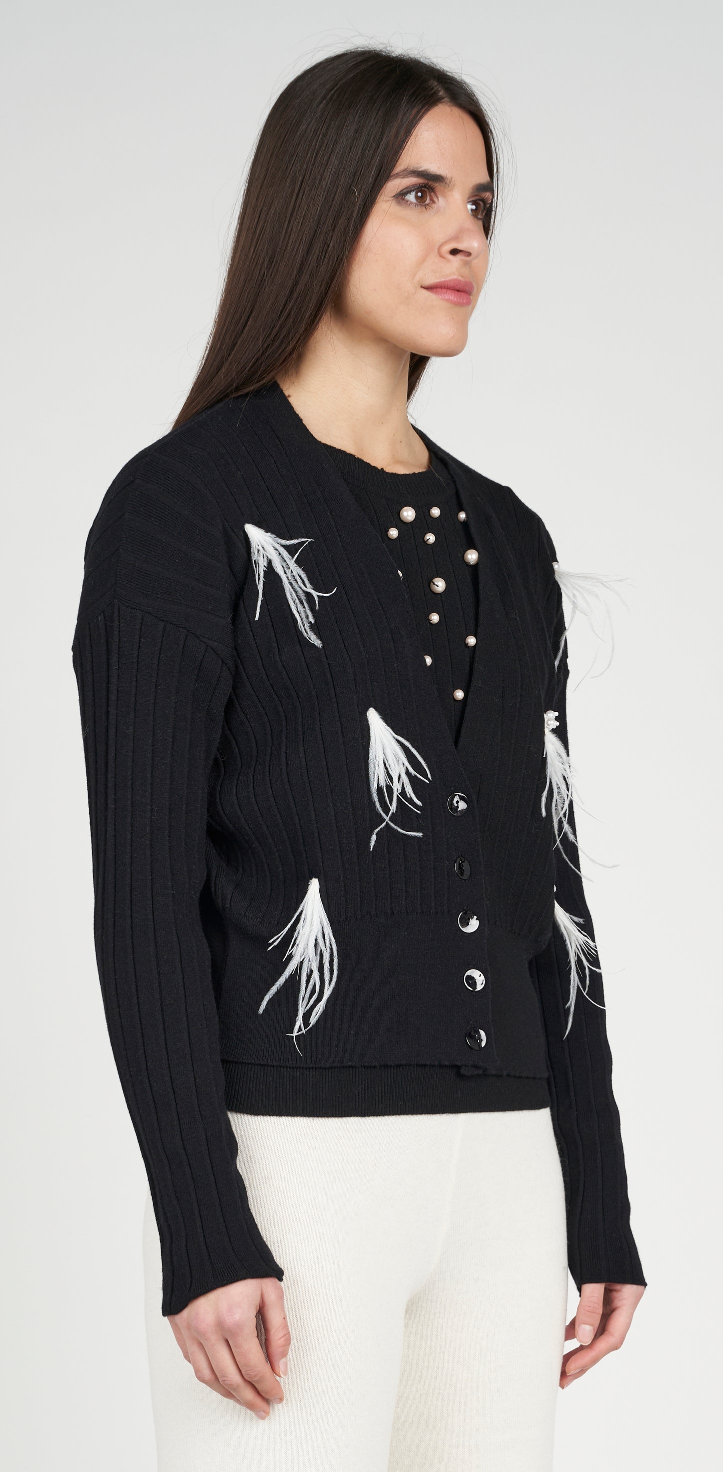 Cardigan a costine con perle