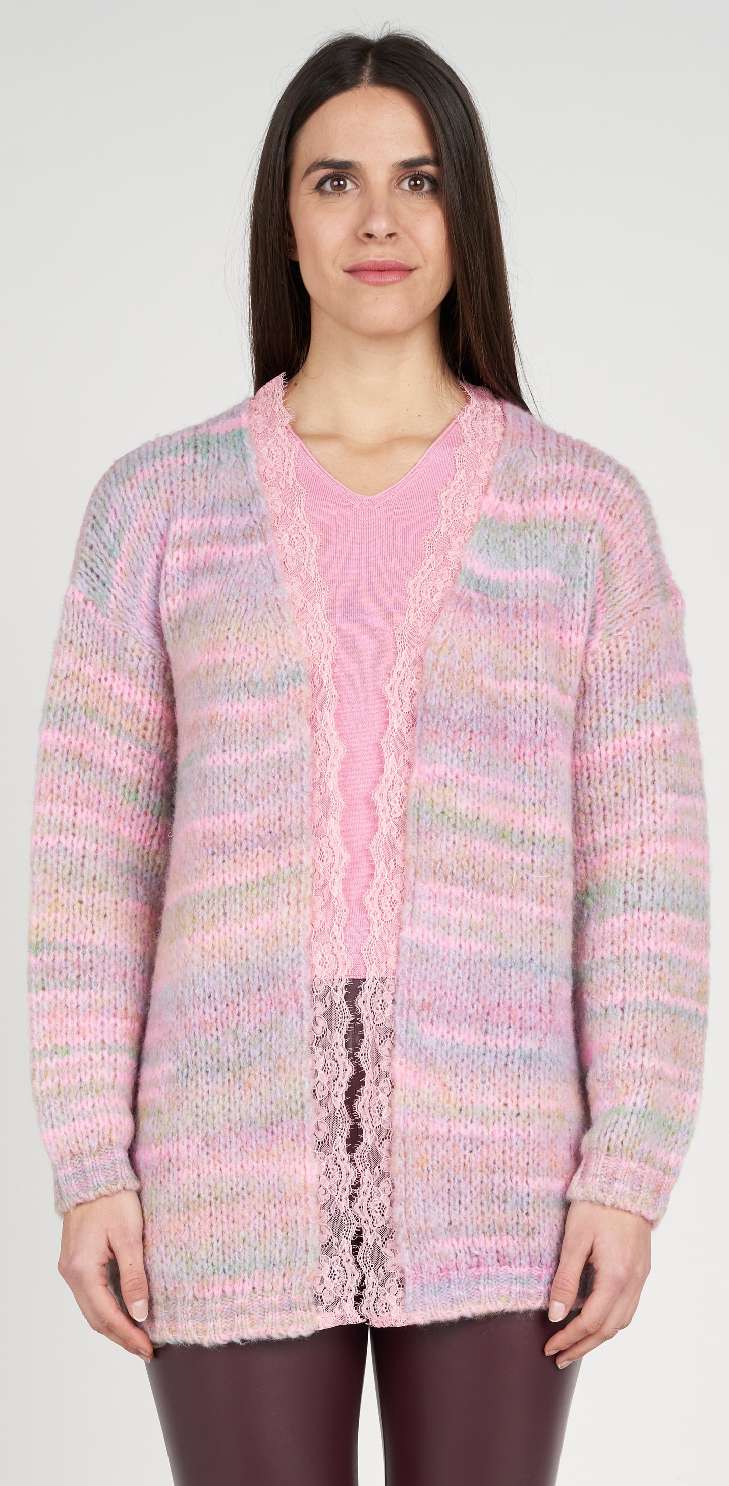 Cardigan rosa melange con pizzo