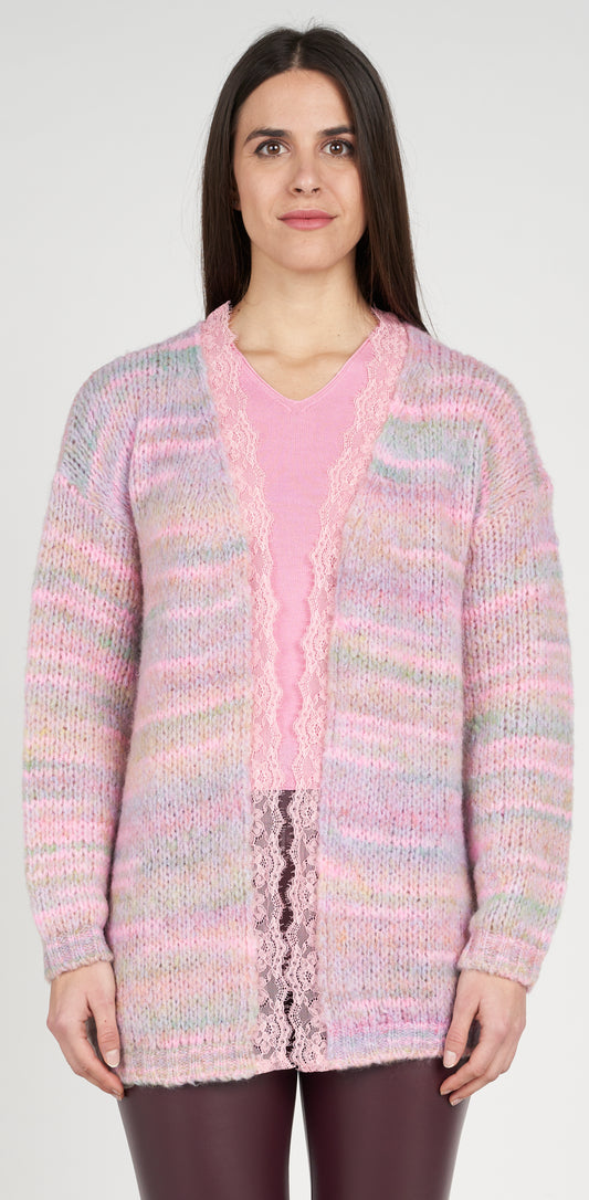 Cardigan rosa melange con pizzo