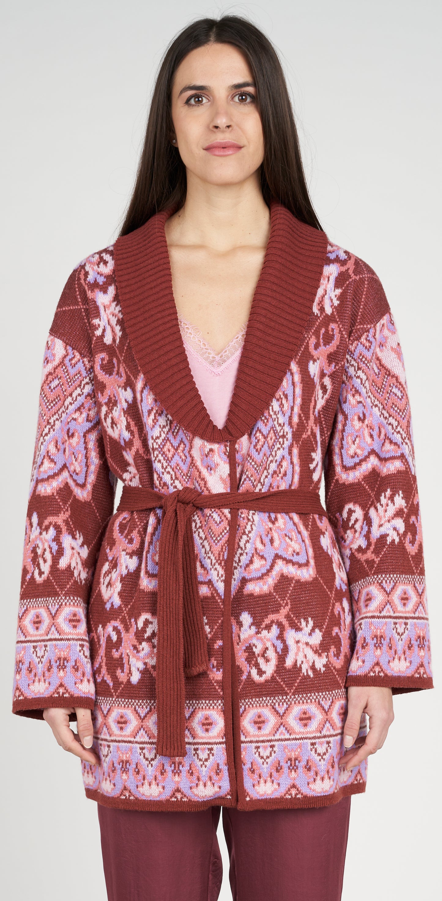 Cappotto jacquard caramello con cintura inclusa