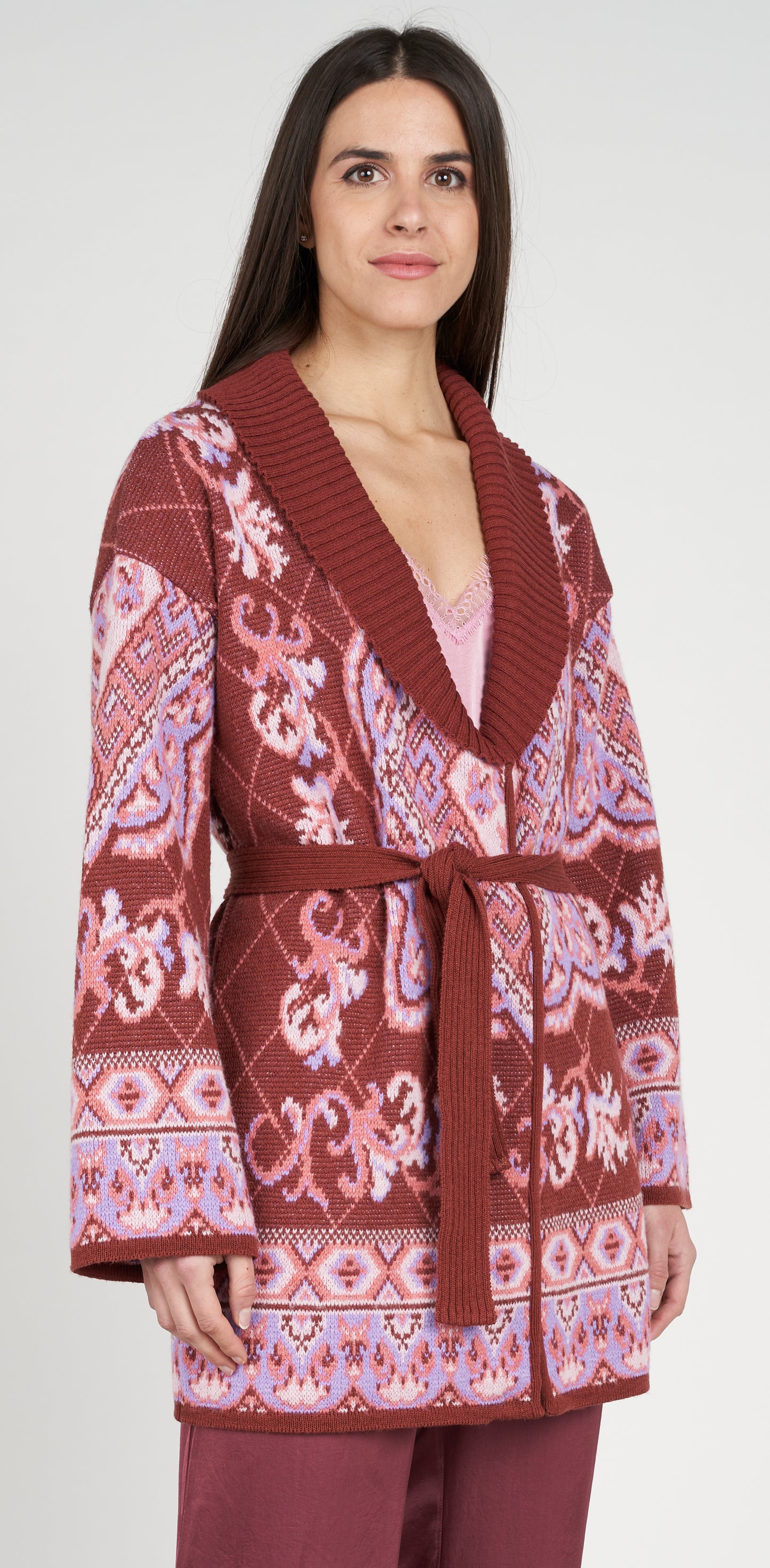 Cappotto jacquard caramello con cintura inclusa