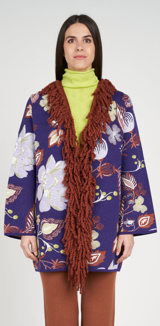Cardigan jacquard viola con passamaneria
