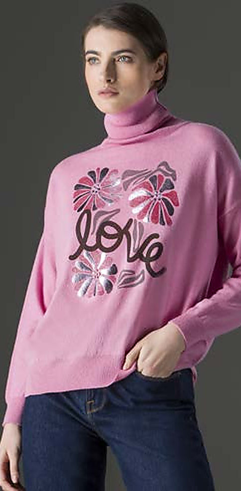 Dolcevita con stampa “love” e fiori